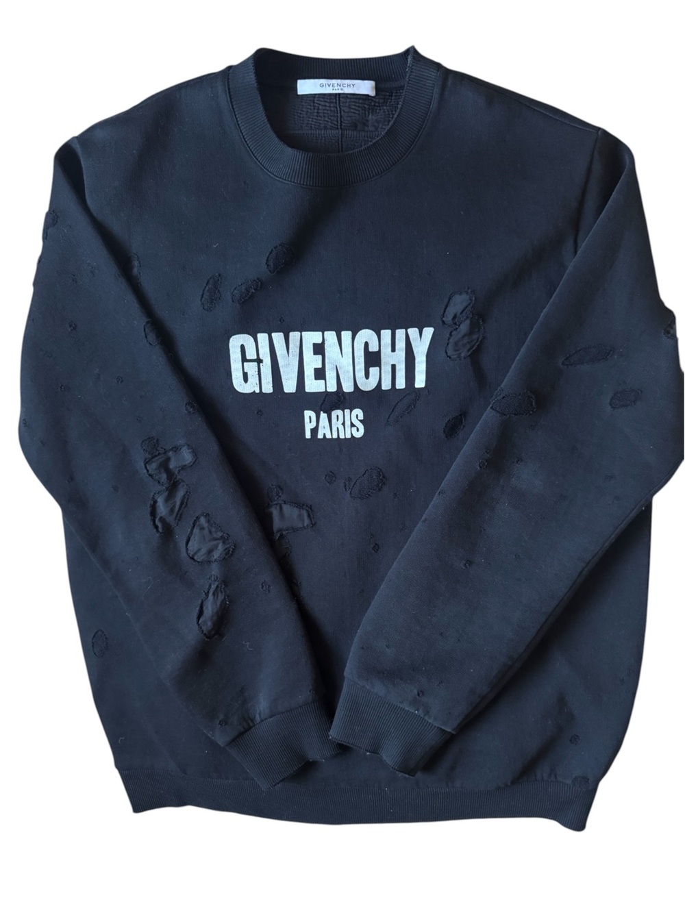 Givenchy Paris Logo Print Black Distressed Logo Crewneck (Men’s)